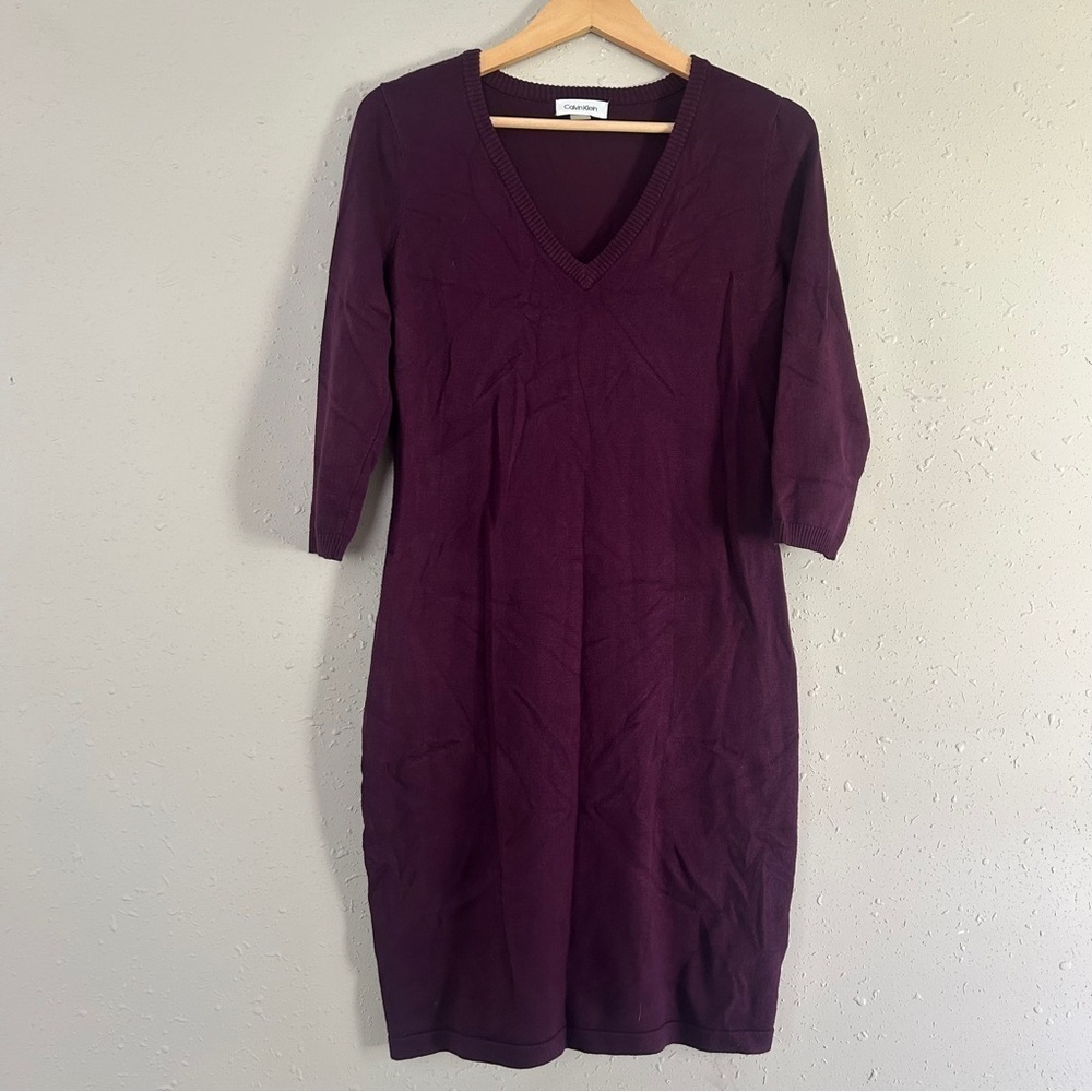 Calvin Klein Purple Plum Sweater Dress V-Neck Mid Length Sleeves Comfy Casual
